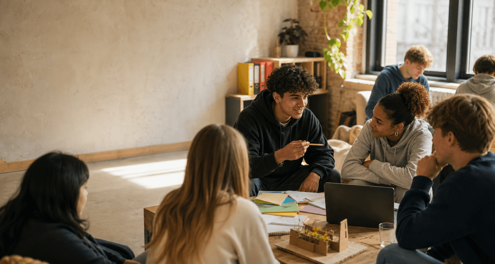 Young people collaborating around a table in a bright learning environment.