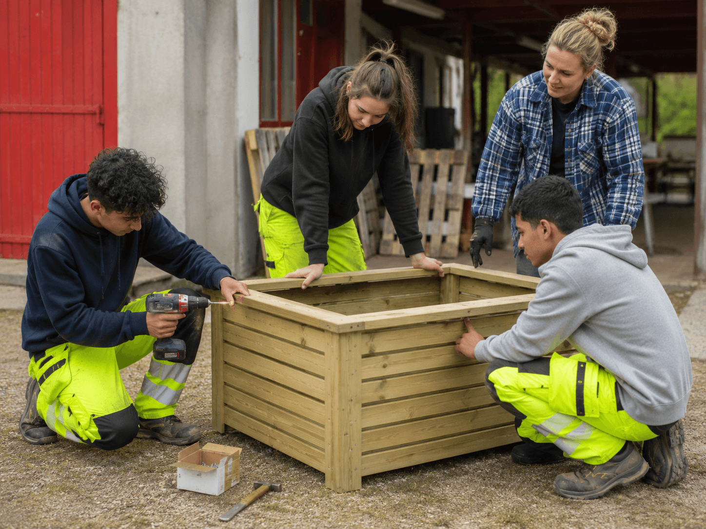 Ungdom og veileder bygger en plantekasse sammen utendørs.